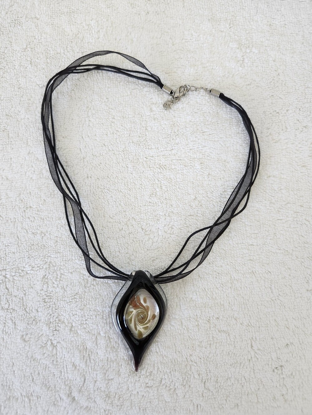 Handblown Glass Pendant on Black Ribbon Necklace 10 - 12"
